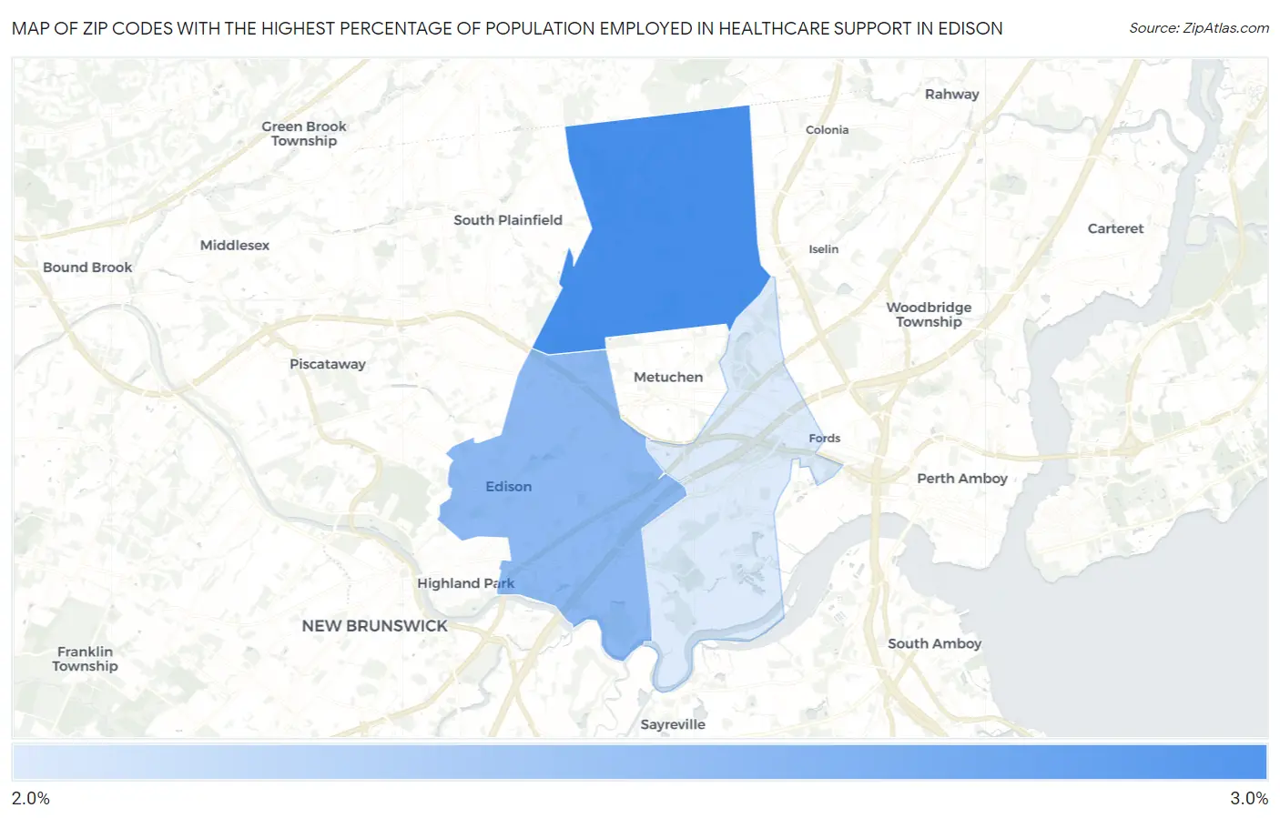 Zip Codes with the Highest Percentage of Population Employed in Healthcare Support in Edison Map