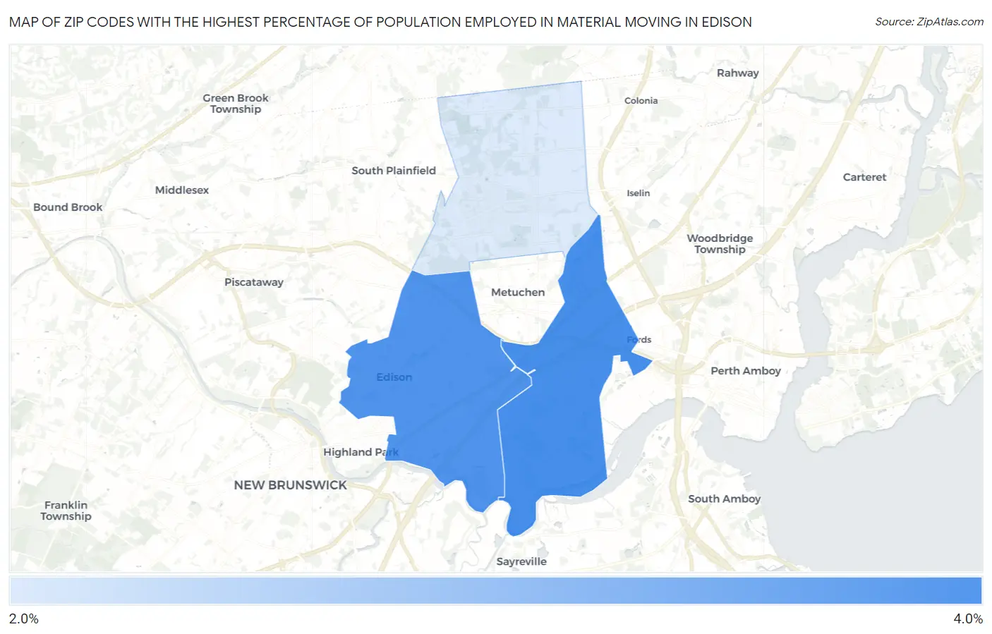 Zip Codes with the Highest Percentage of Population Employed in Material Moving in Edison Map