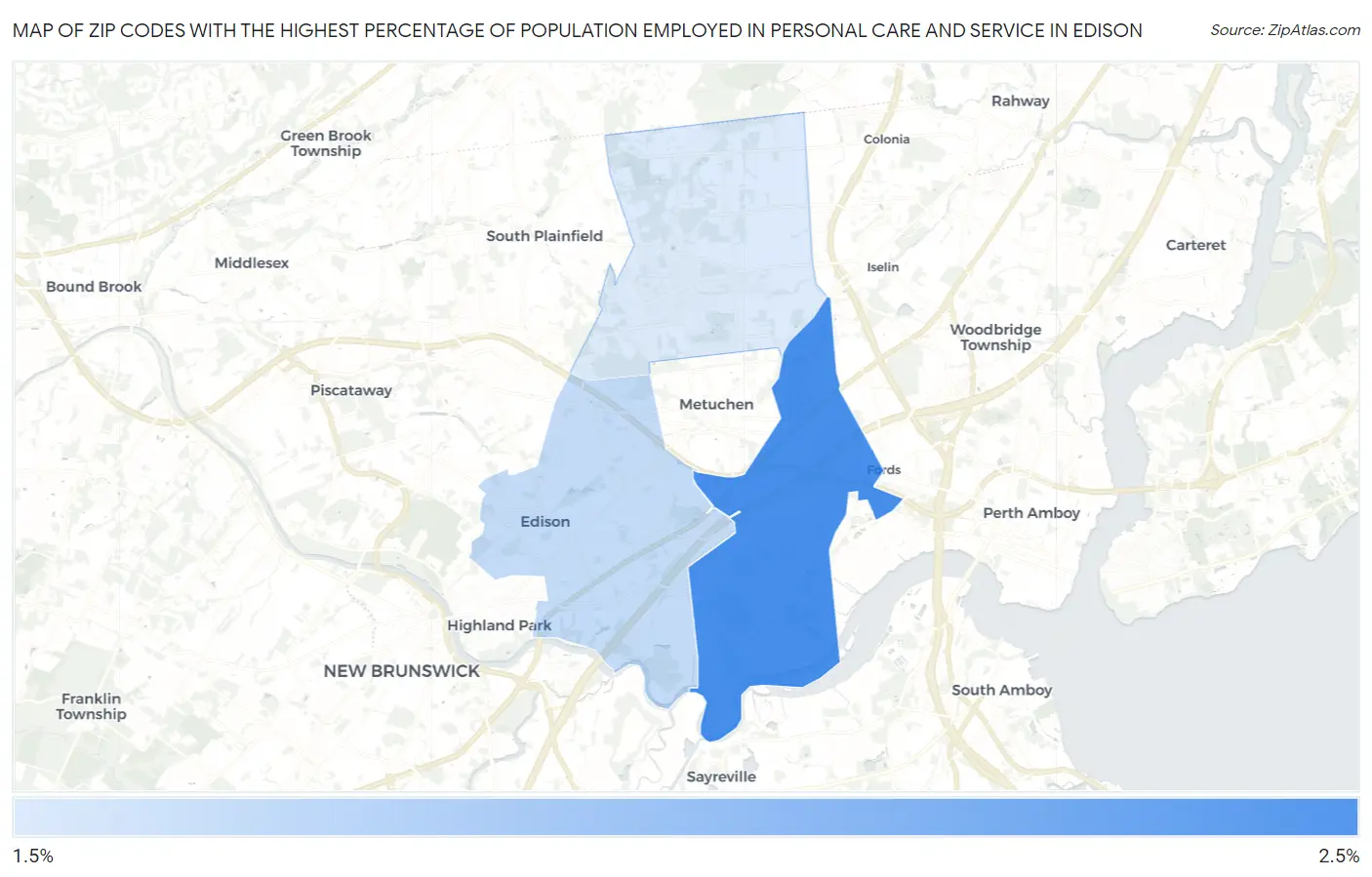 Zip Codes with the Highest Percentage of Population Employed in Personal Care and Service in Edison Map