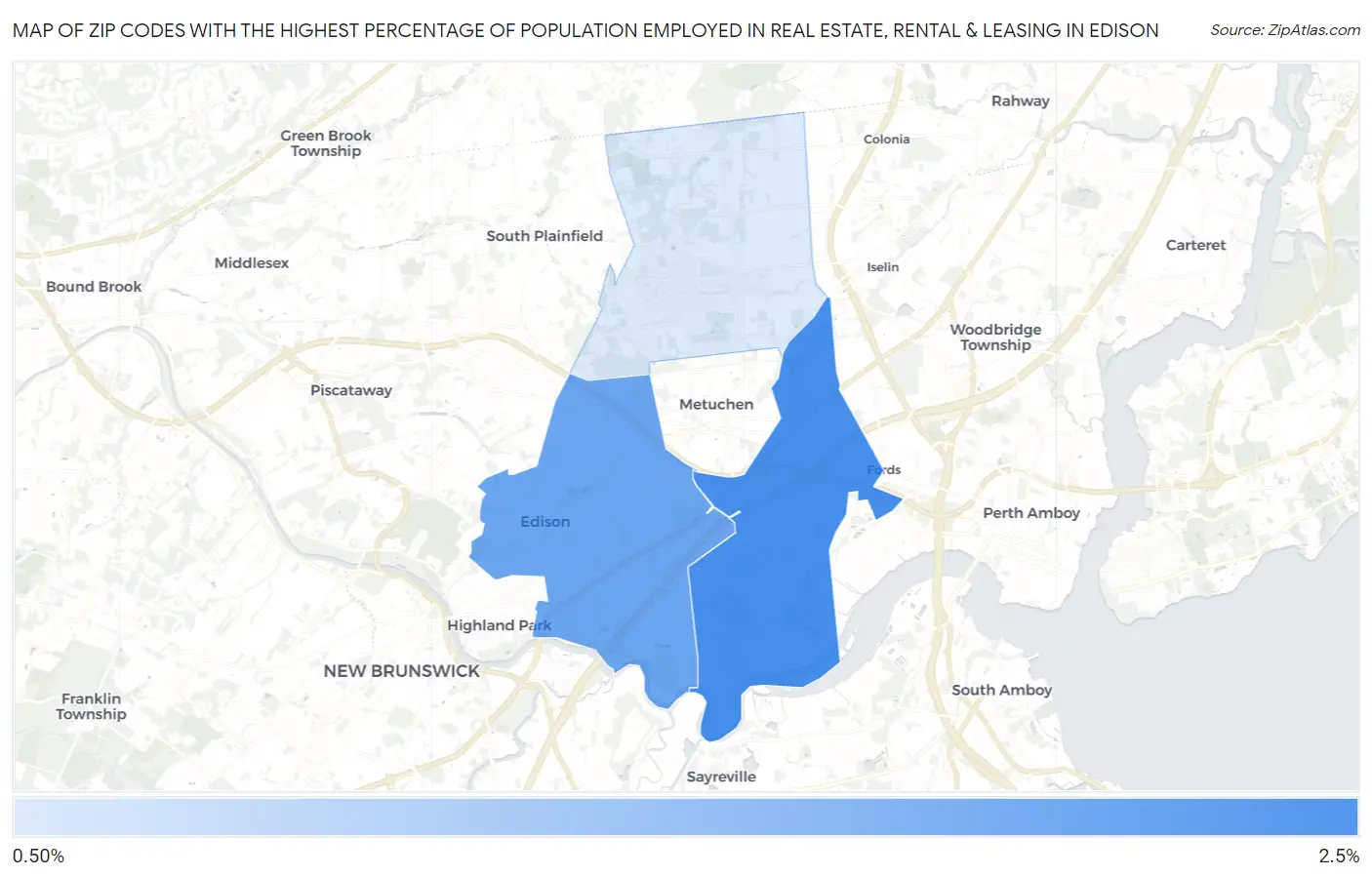 Zip Codes with the Highest Percentage of Population Employed in Real Estate, Rental & Leasing in Edison Map