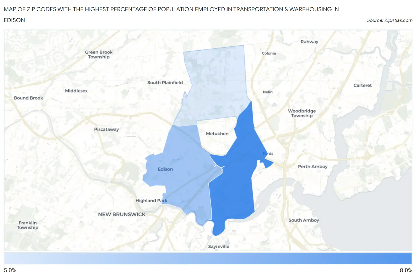 Zip Codes with the Highest Percentage of Population Employed in Transportation & Warehousing in Edison Map