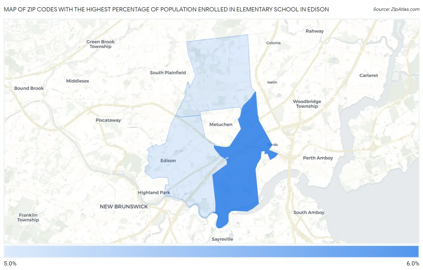 Zip Codes with the Highest Percentage of Population Enrolled in Elementary School in Edison Map