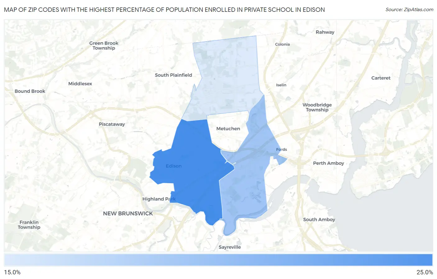 Zip Codes with the Highest Percentage of Population Enrolled in Private School in Edison Map