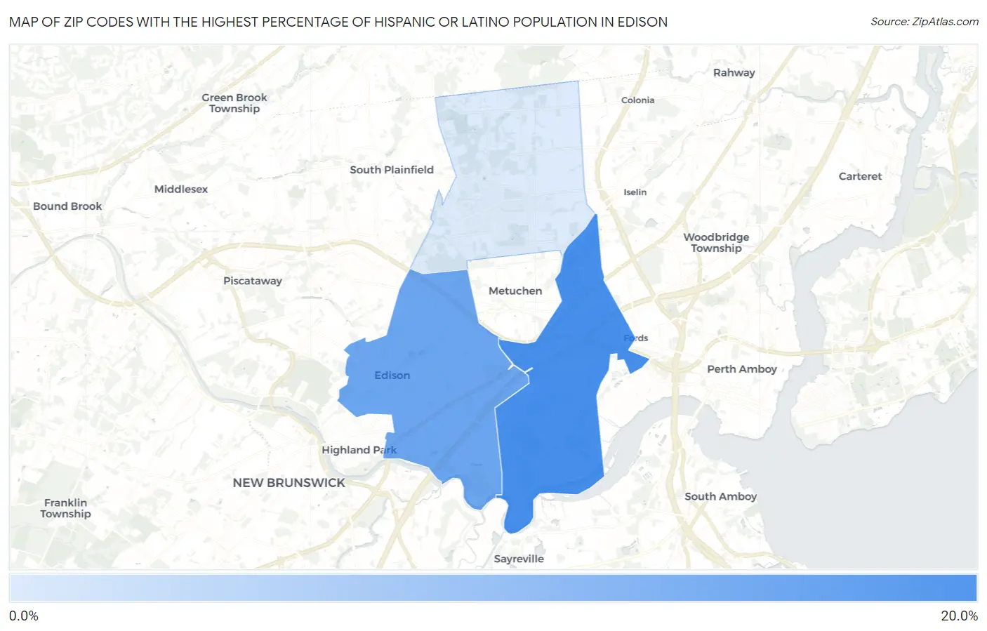 Zip Codes with the Highest Percentage of Hispanic or Latino Population in Edison Map
