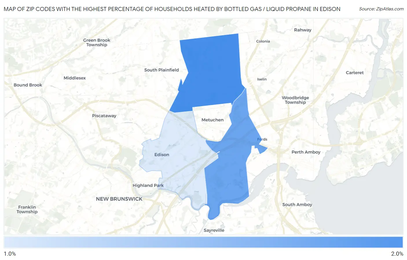 Zip Codes with the Highest Percentage of Households Heated by Bottled Gas / Liquid Propane in Edison Map