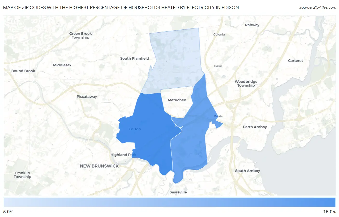 Zip Codes with the Highest Percentage of Households Heated by Electricity in Edison Map