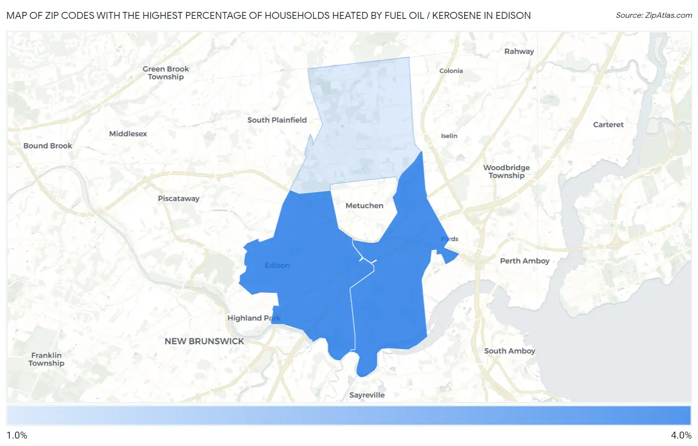 Zip Codes with the Highest Percentage of Households Heated by Fuel Oil / Kerosene in Edison Map