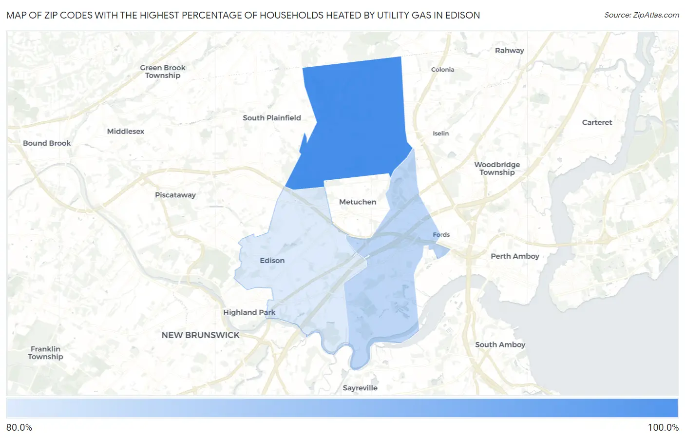 Zip Codes with the Highest Percentage of Households Heated by Utility Gas in Edison Map