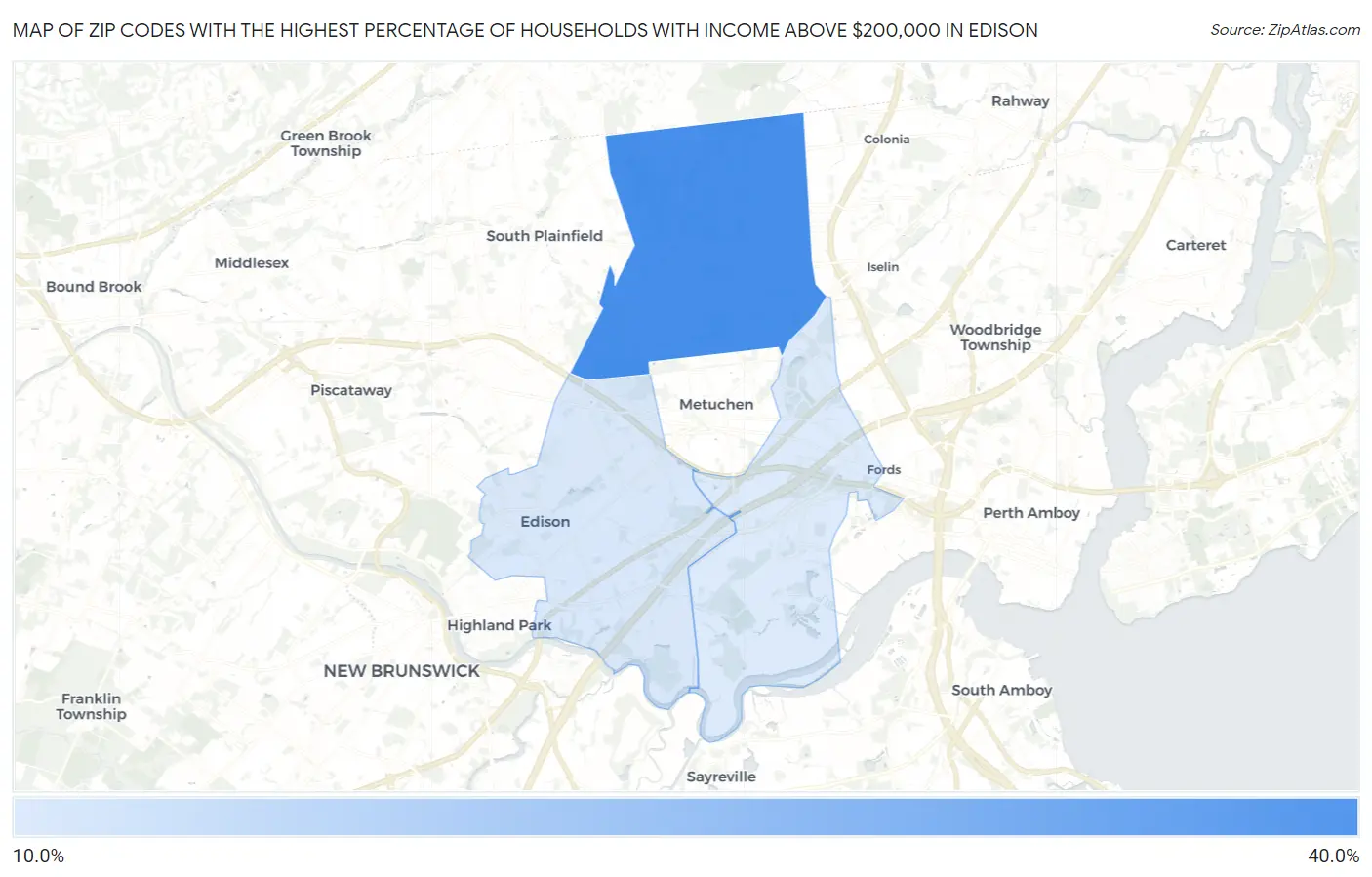 Zip Codes with the Highest Percentage of Households with Income Above $200,000 in Edison Map