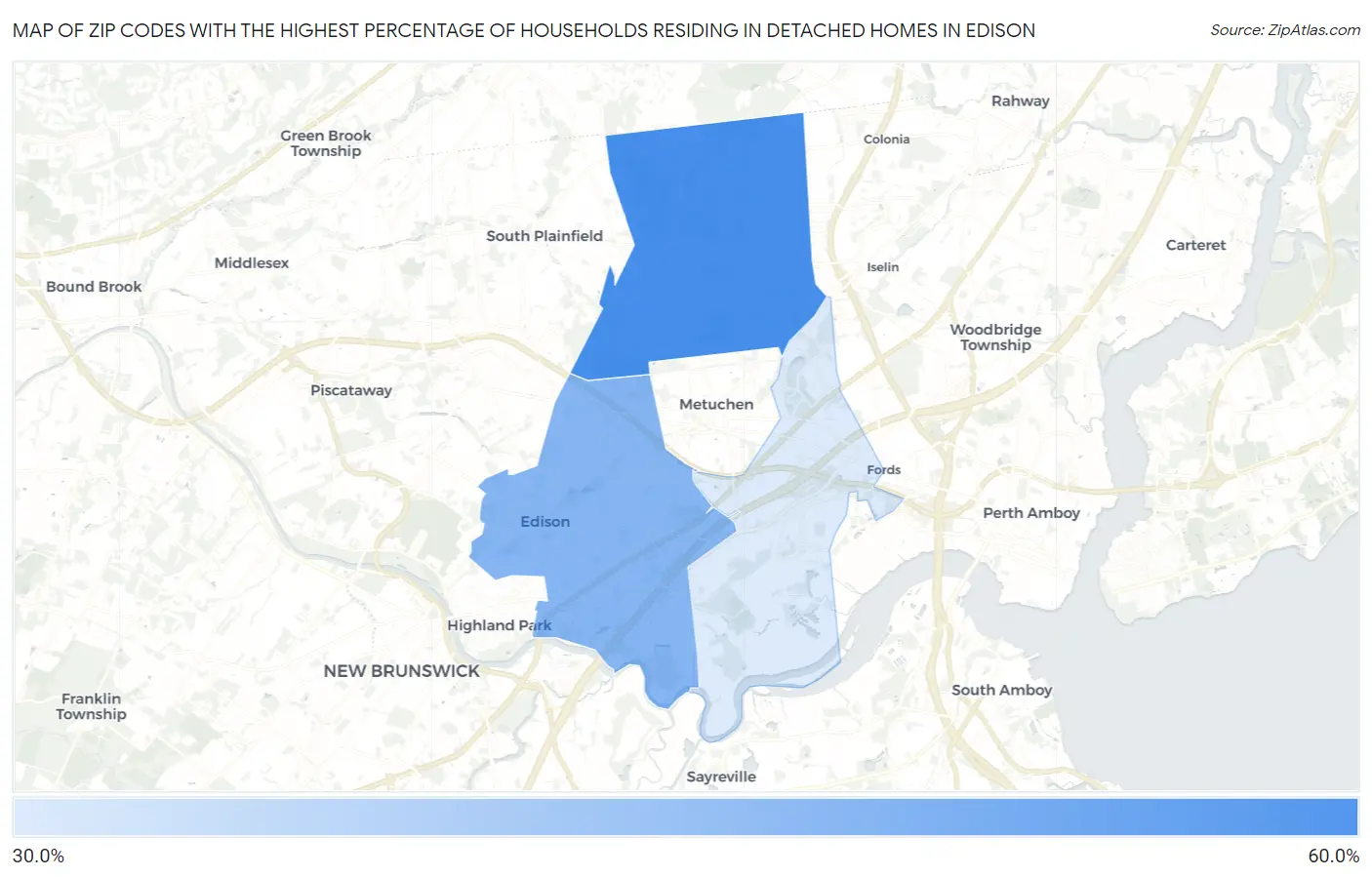 Zip Codes with the Highest Percentage of Households Residing in Detached Homes in Edison Map