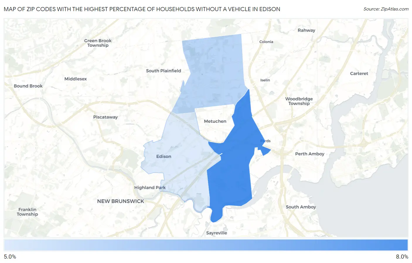 Zip Codes with the Highest Percentage of Households Without a Vehicle in Edison Map