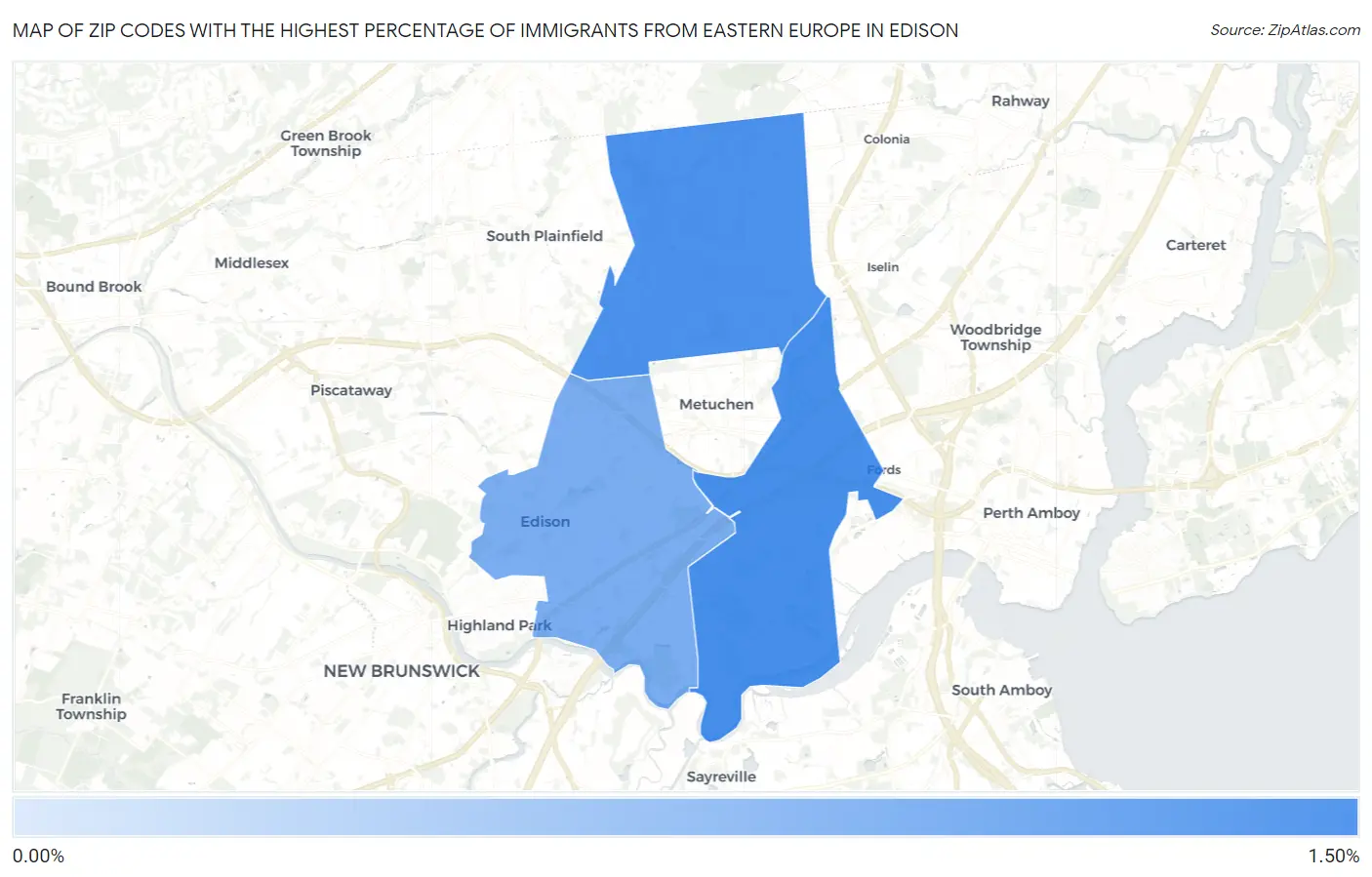 Zip Codes with the Highest Percentage of Immigrants from Eastern Europe in Edison Map