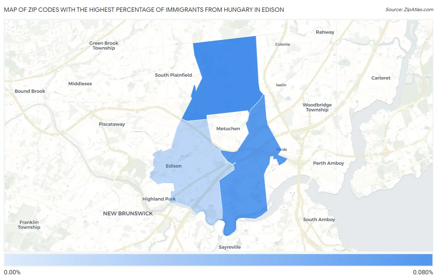 Zip Codes with the Highest Percentage of Immigrants from Hungary in Edison Map