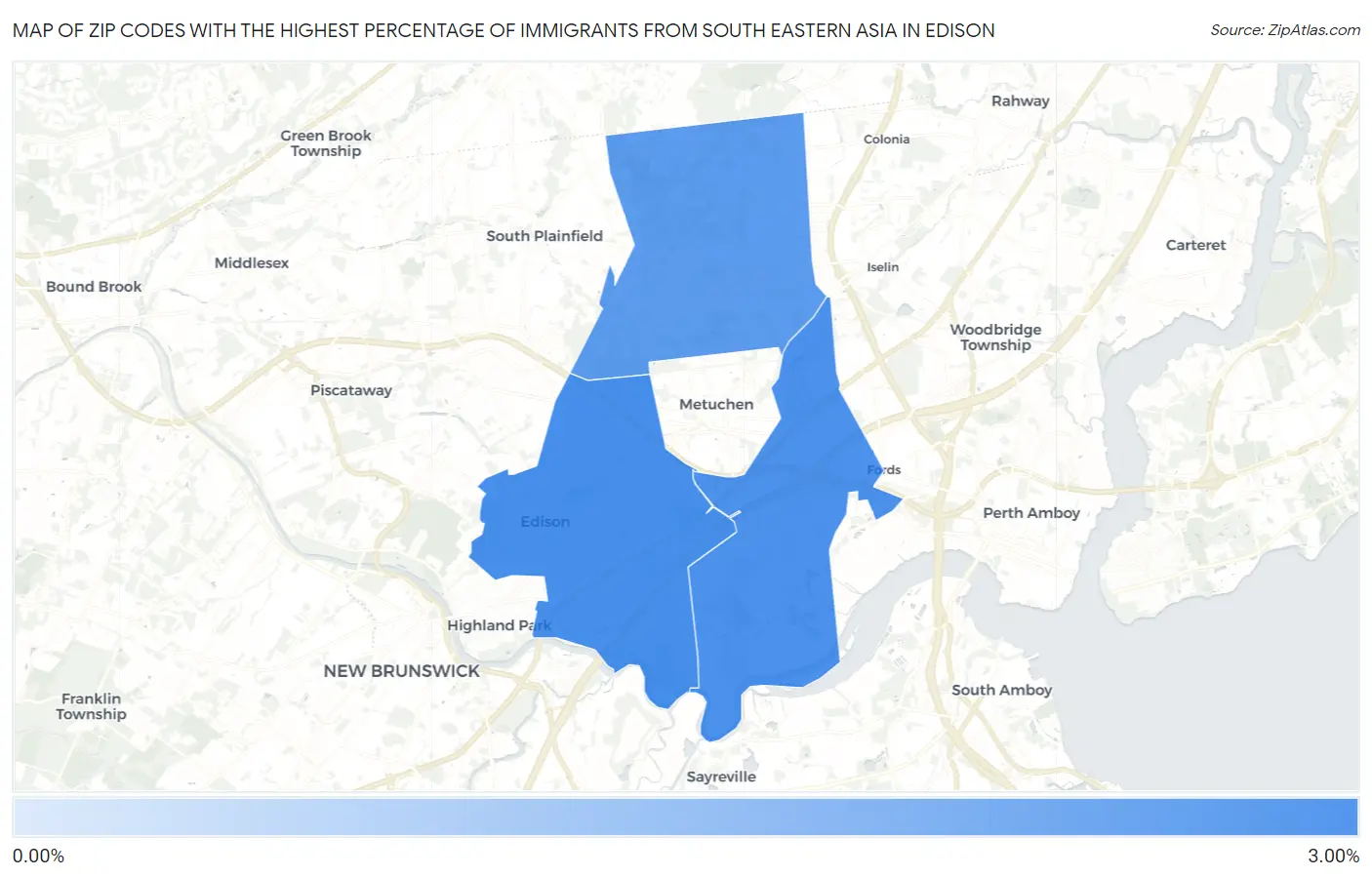 Zip Codes with the Highest Percentage of Immigrants from South Eastern Asia in Edison Map