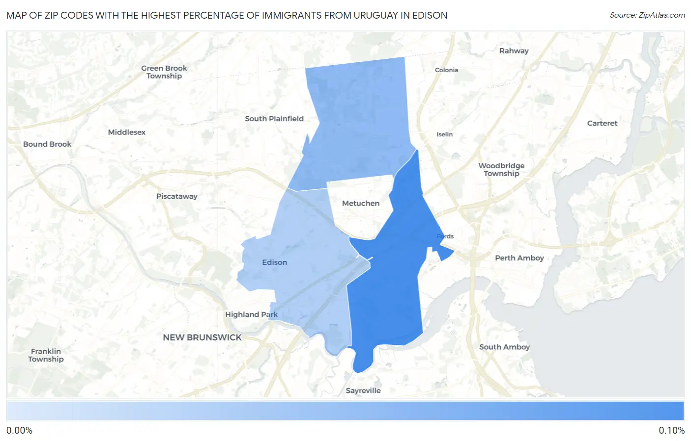 Zip Codes with the Highest Percentage of Immigrants from Uruguay in Edison Map