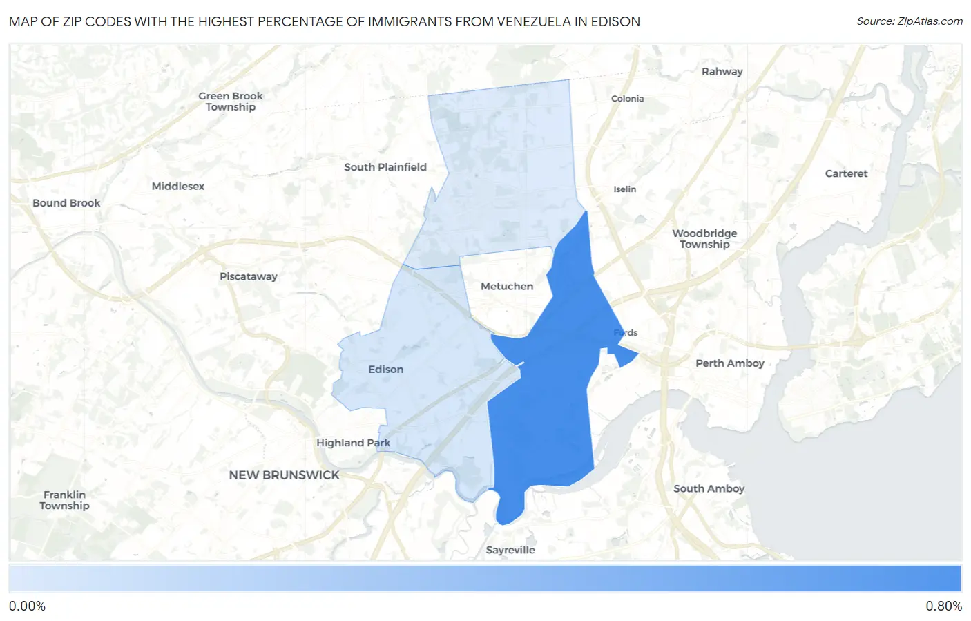 Zip Codes with the Highest Percentage of Immigrants from Venezuela in Edison Map