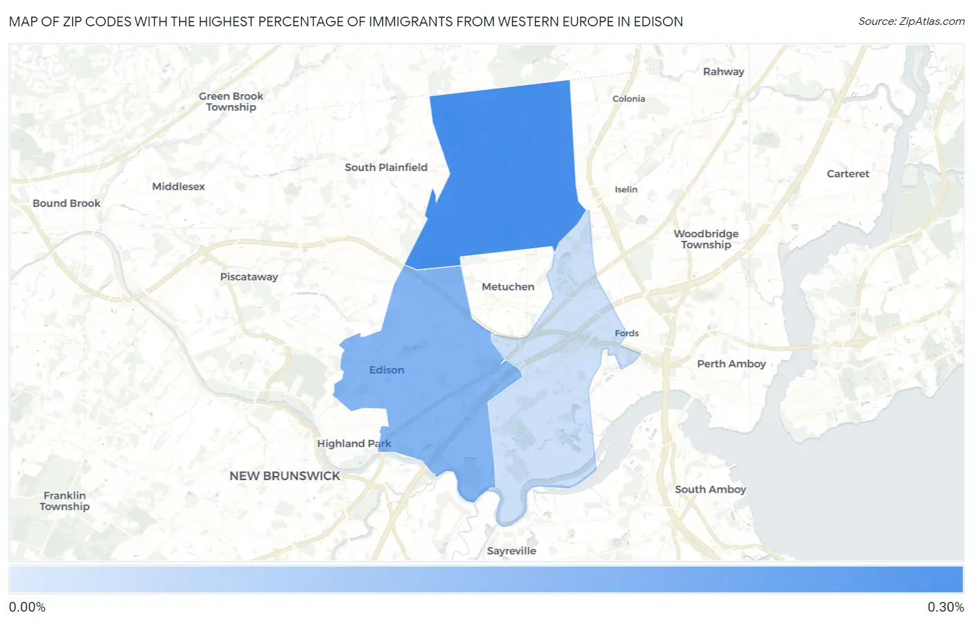 Zip Codes with the Highest Percentage of Immigrants from Western Europe in Edison Map