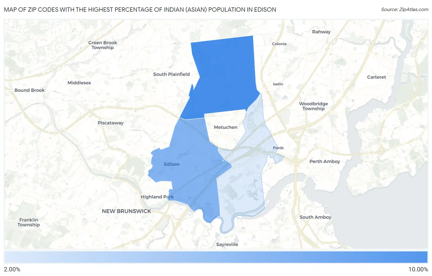 Zip Codes with the Highest Percentage of Indian (Asian) Population in Edison Map