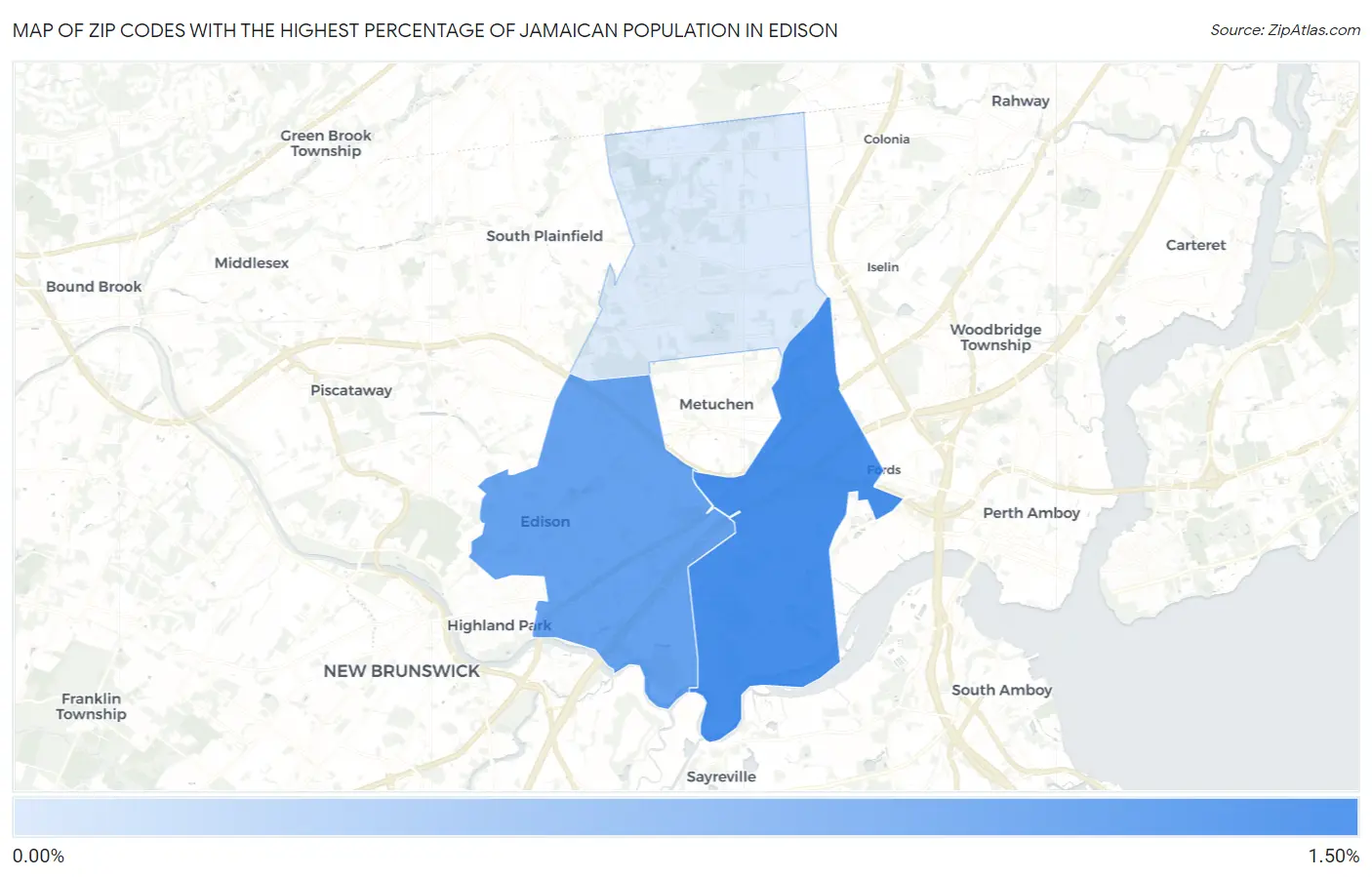 Zip Codes with the Highest Percentage of Jamaican Population in Edison Map