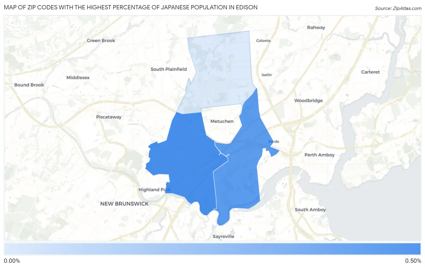 Zip Codes with the Highest Percentage of Japanese Population in Edison Map