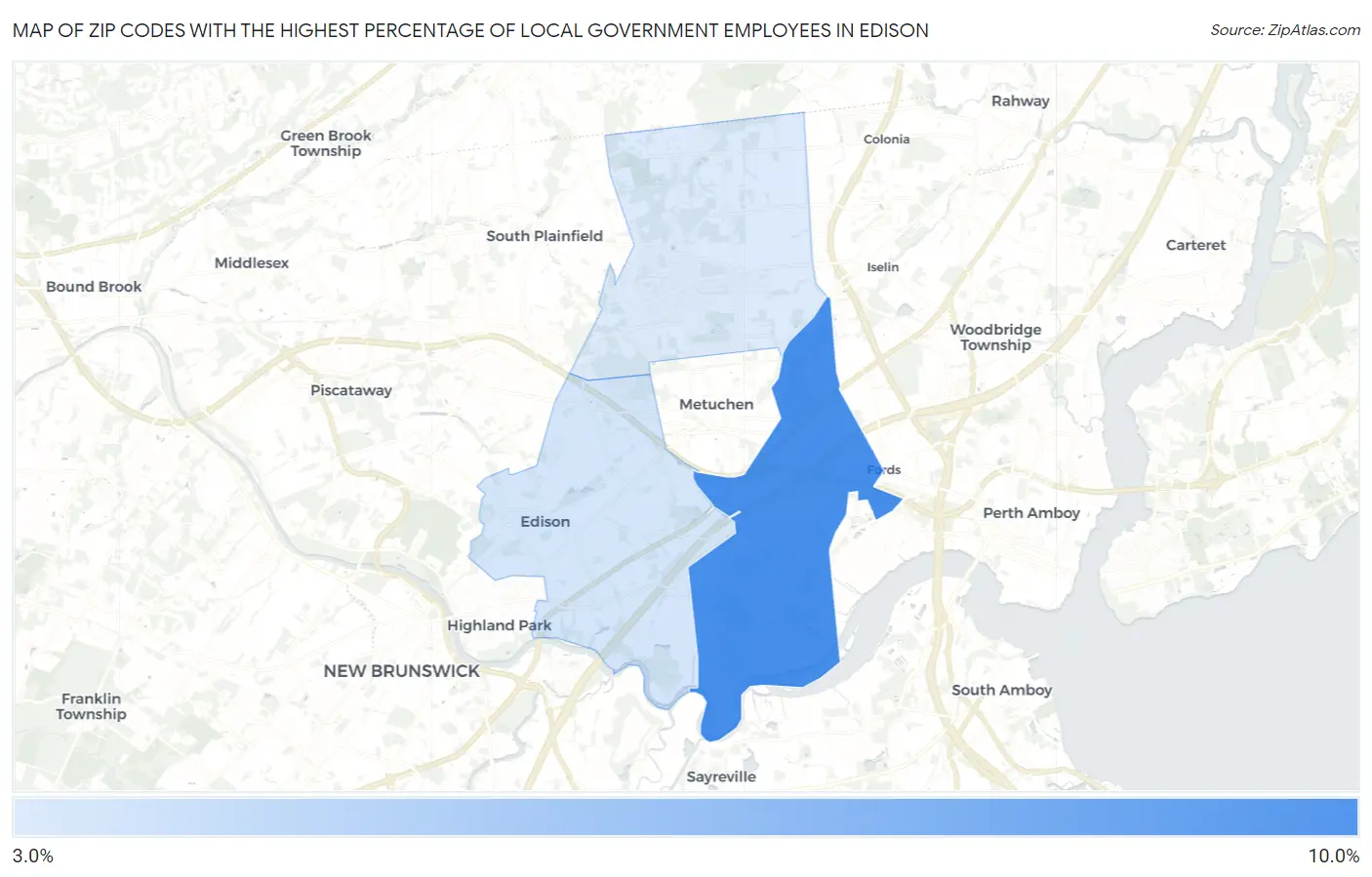 Zip Codes with the Highest Percentage of Local Government Employees in Edison Map