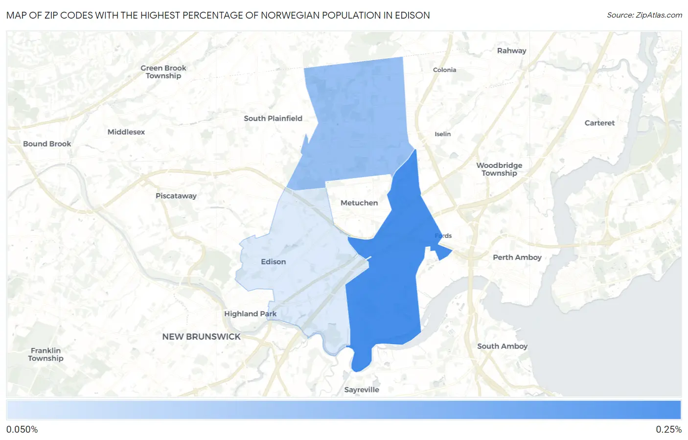Zip Codes with the Highest Percentage of Norwegian Population in Edison Map