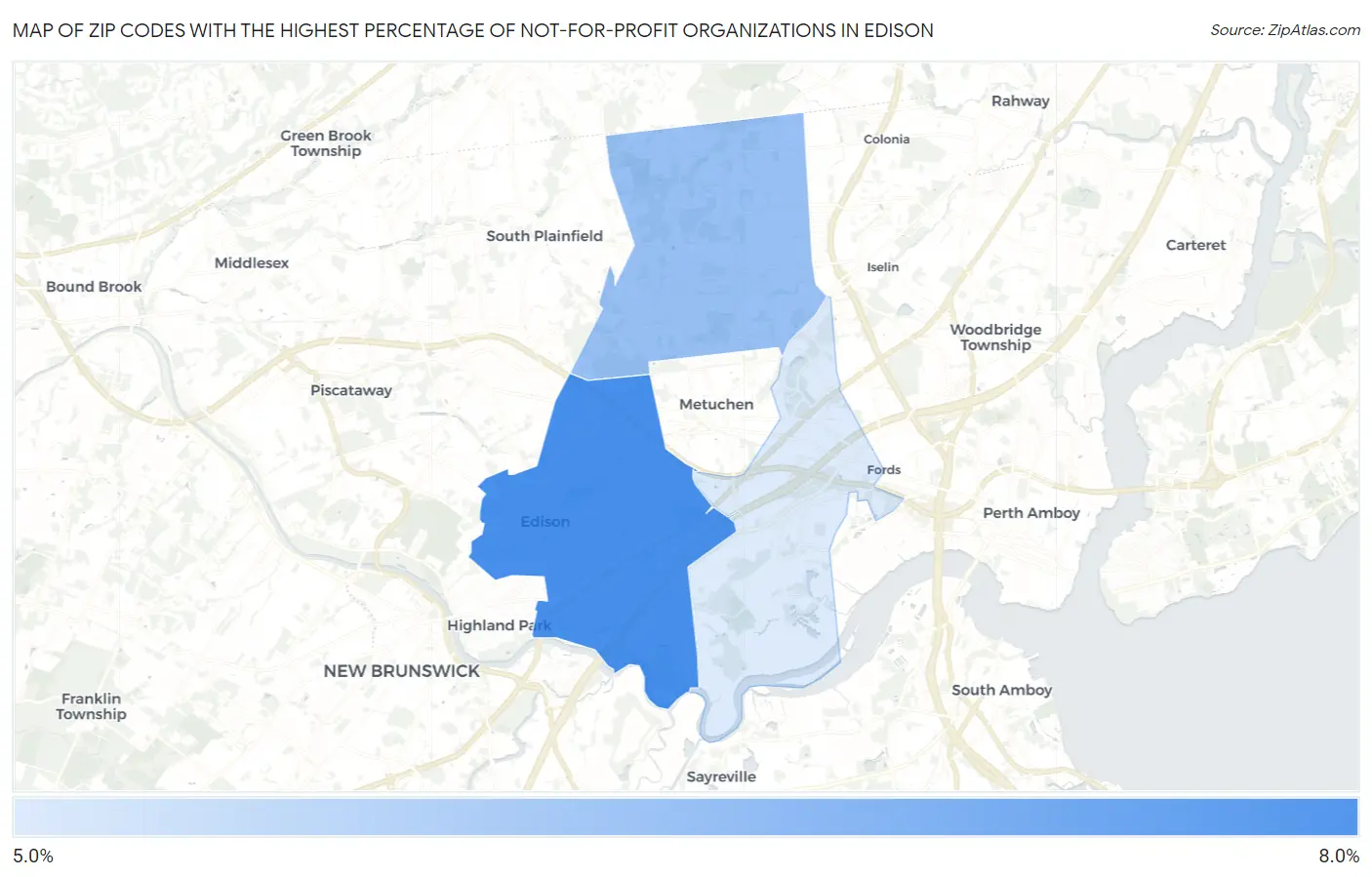 Zip Codes with the Highest Percentage of Not-for-profit Organizations in Edison Map