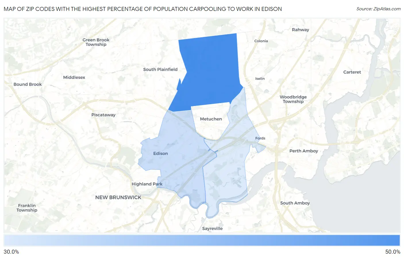 Zip Codes with the Highest Percentage of Population Carpooling to Work in Edison Map