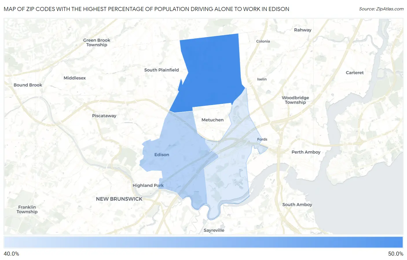 Zip Codes with the Highest Percentage of Population Driving Alone to Work in Edison Map