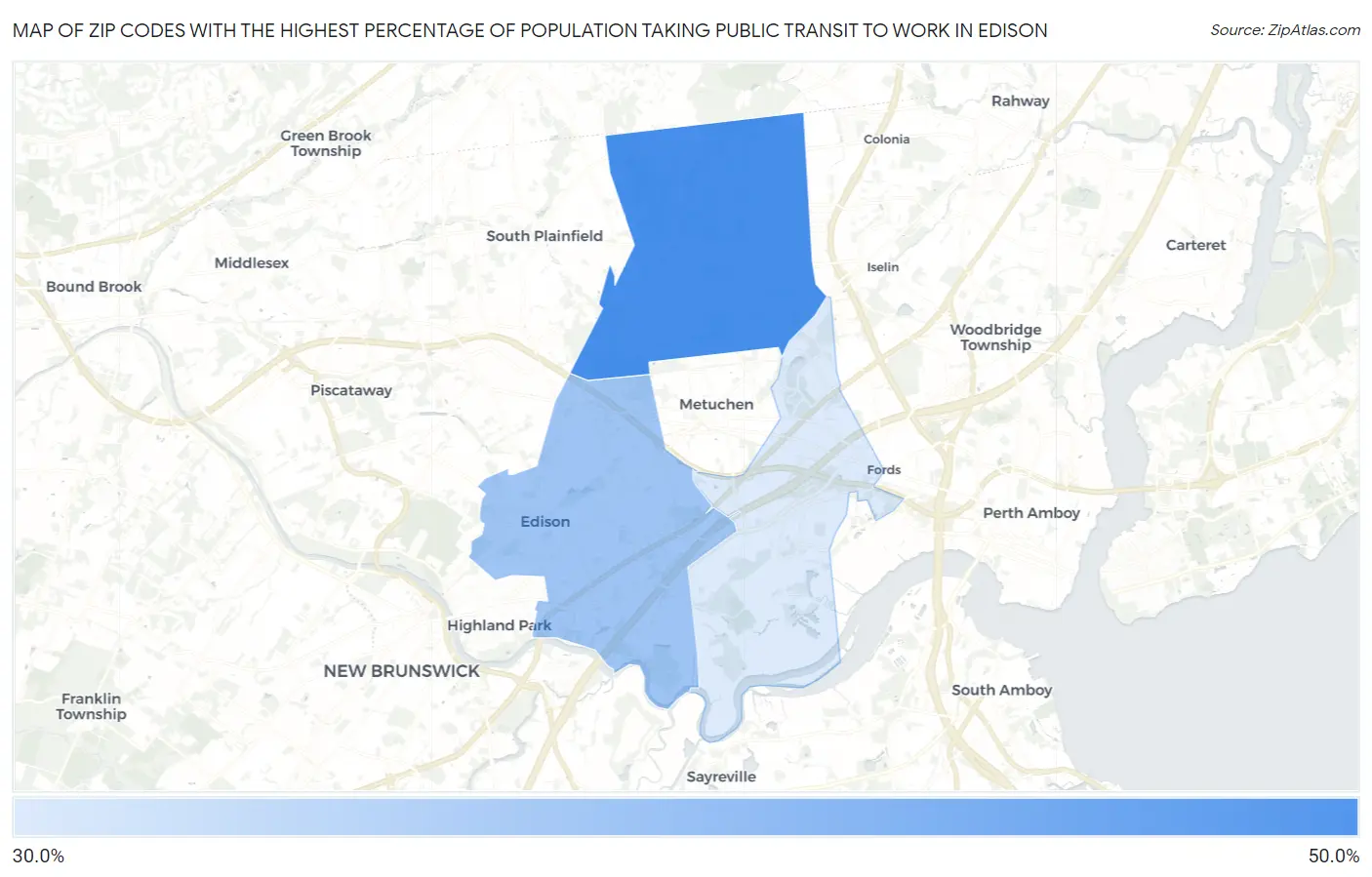 Zip Codes with the Highest Percentage of Population Taking Public Transit to Work in Edison Map