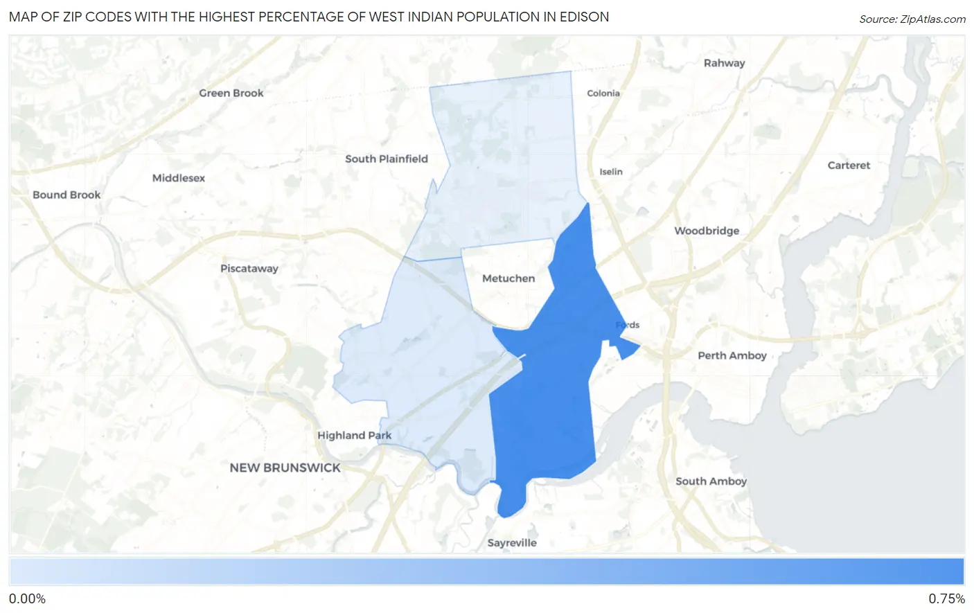 Zip Codes with the Highest Percentage of West Indian Population in Edison Map