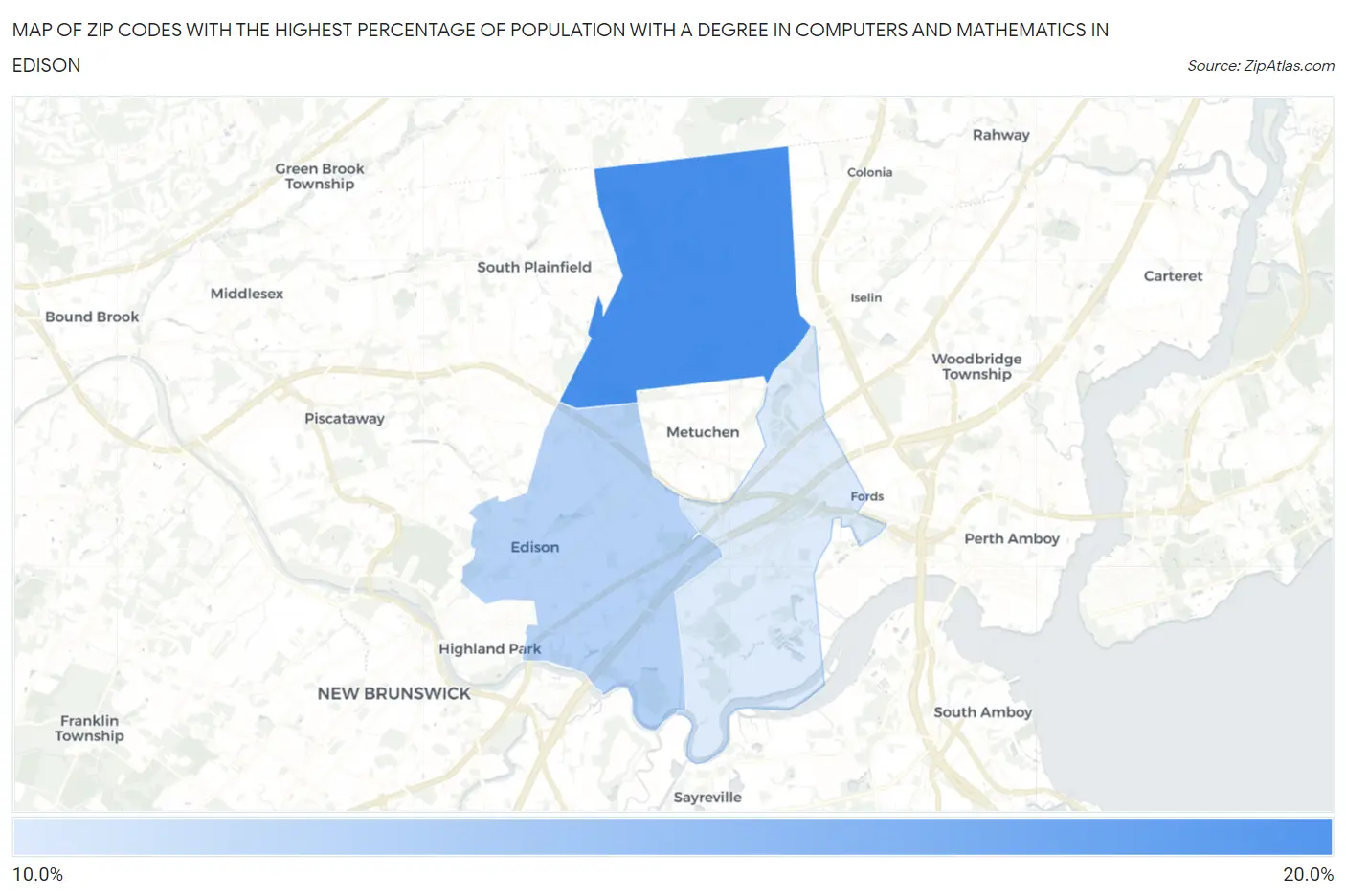 Zip Codes with the Highest Percentage of Population with a Degree in Computers and Mathematics in Edison Map