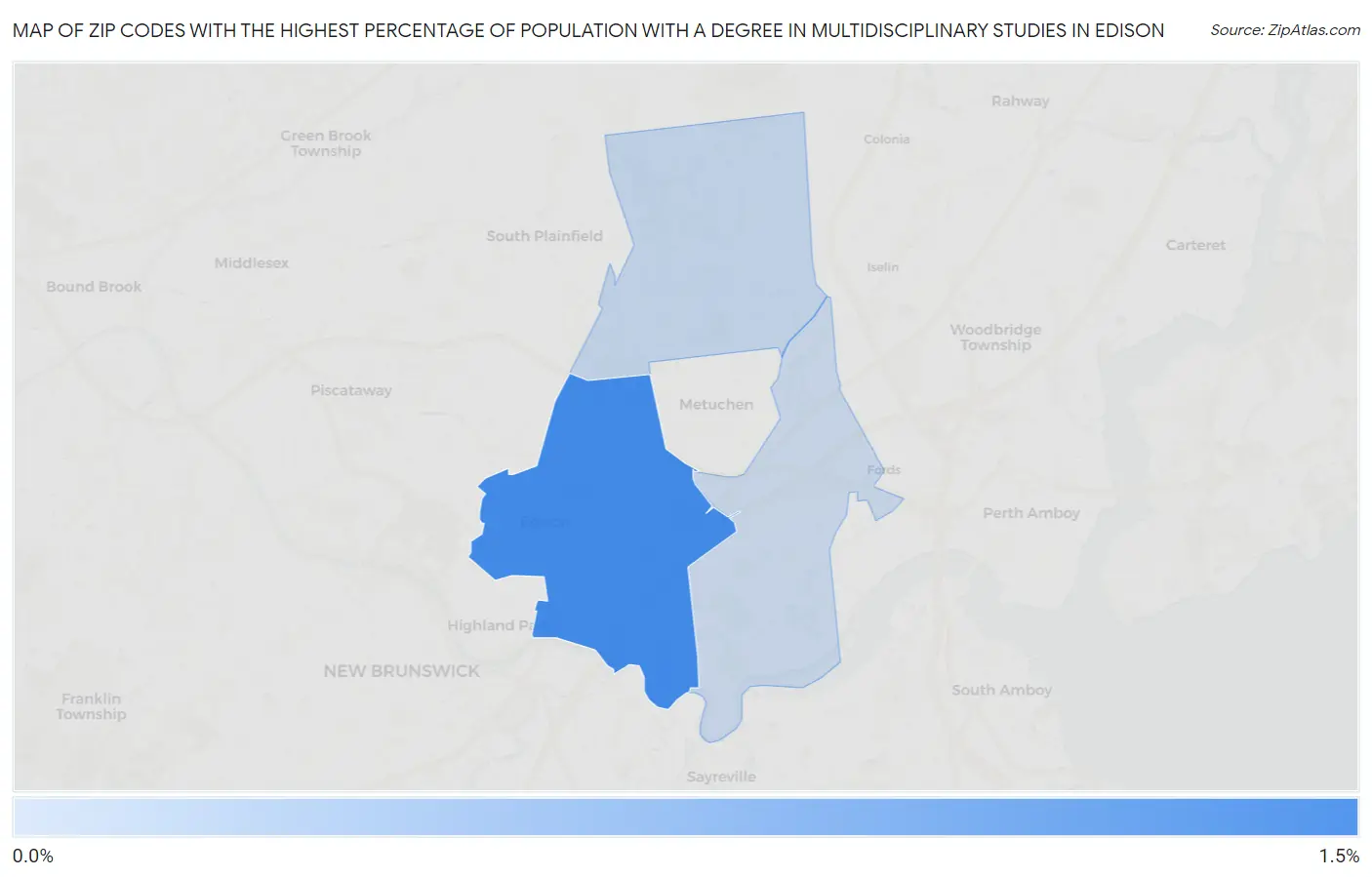 Zip Codes with the Highest Percentage of Population with a Degree in Multidisciplinary Studies in Edison Map