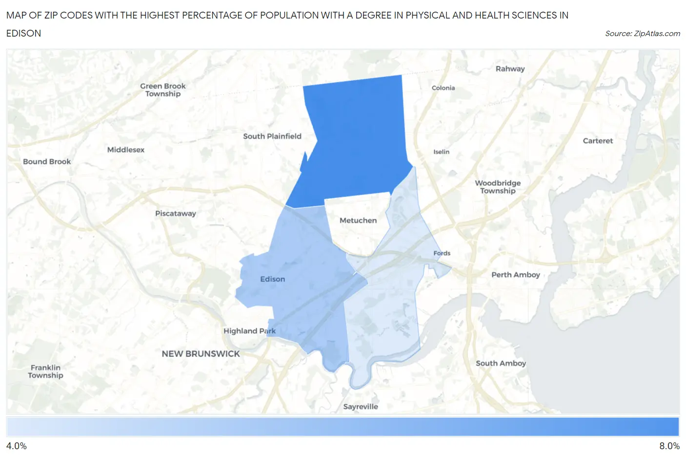 Zip Codes with the Highest Percentage of Population with a Degree in Physical and Health Sciences in Edison Map