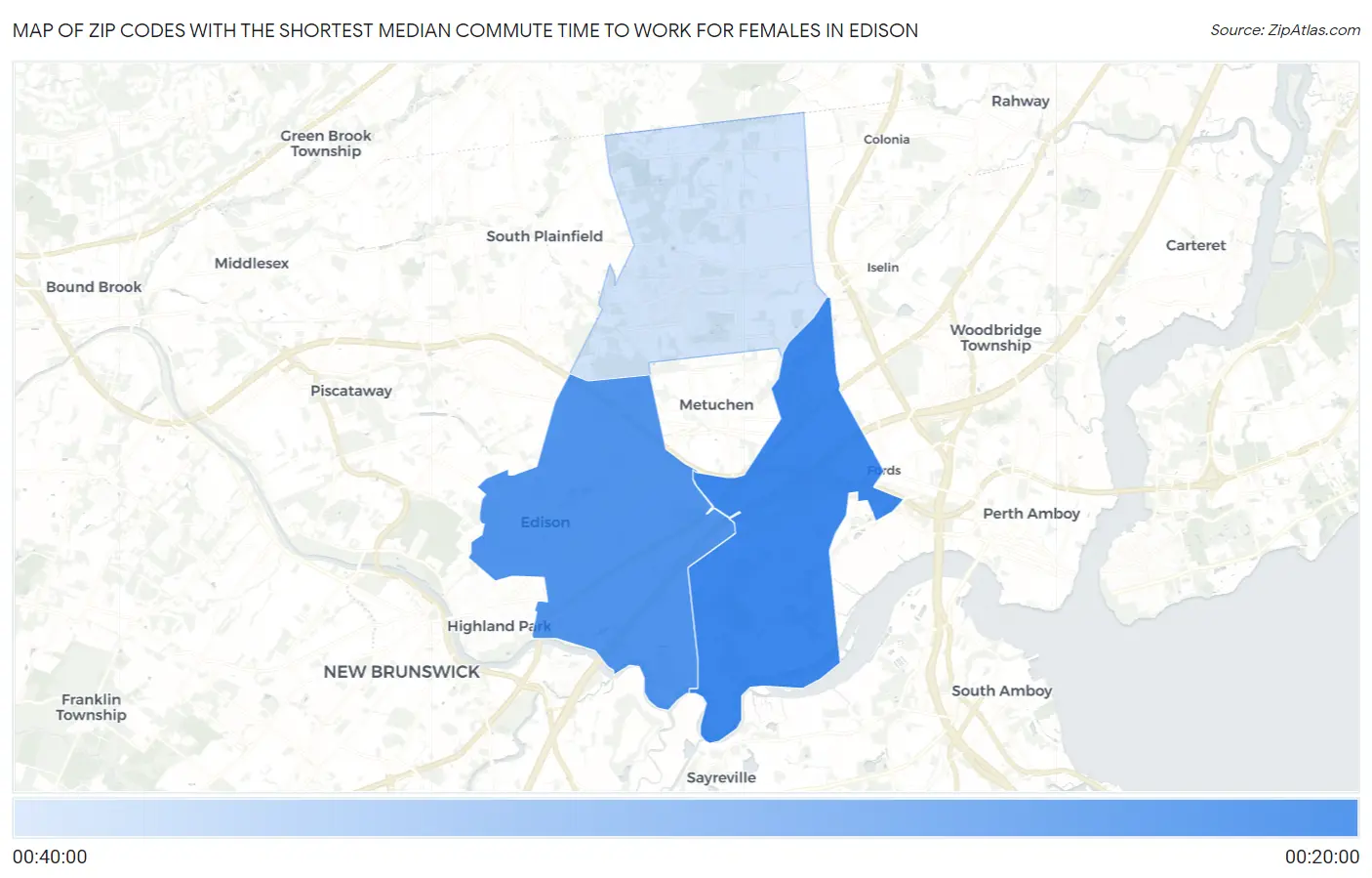 Zip Codes with the Shortest Median Commute Time to Work for Females in Edison Map