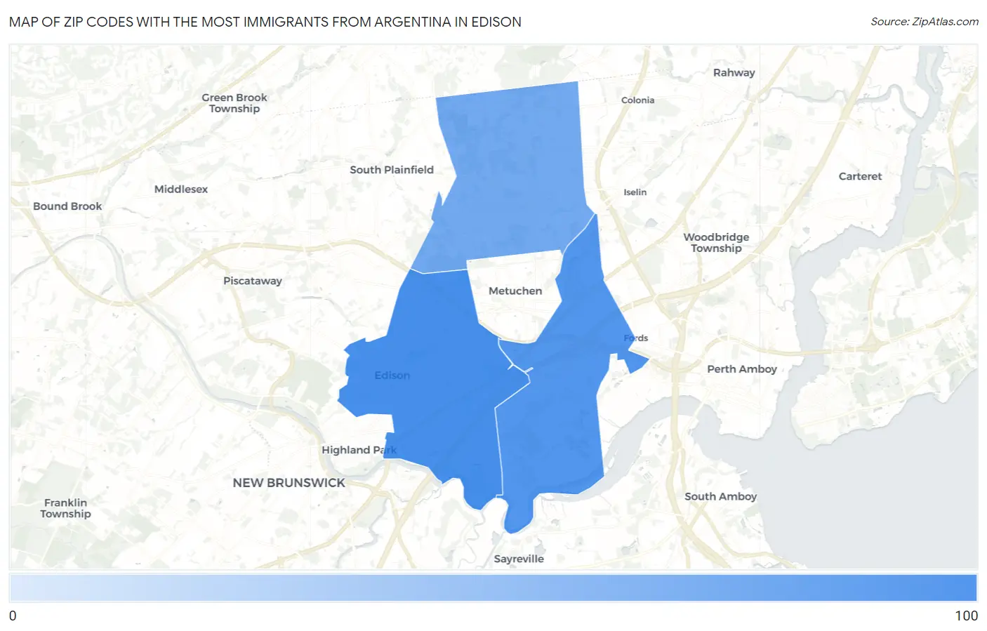 Zip Codes with the Most Immigrants from Argentina in Edison Map