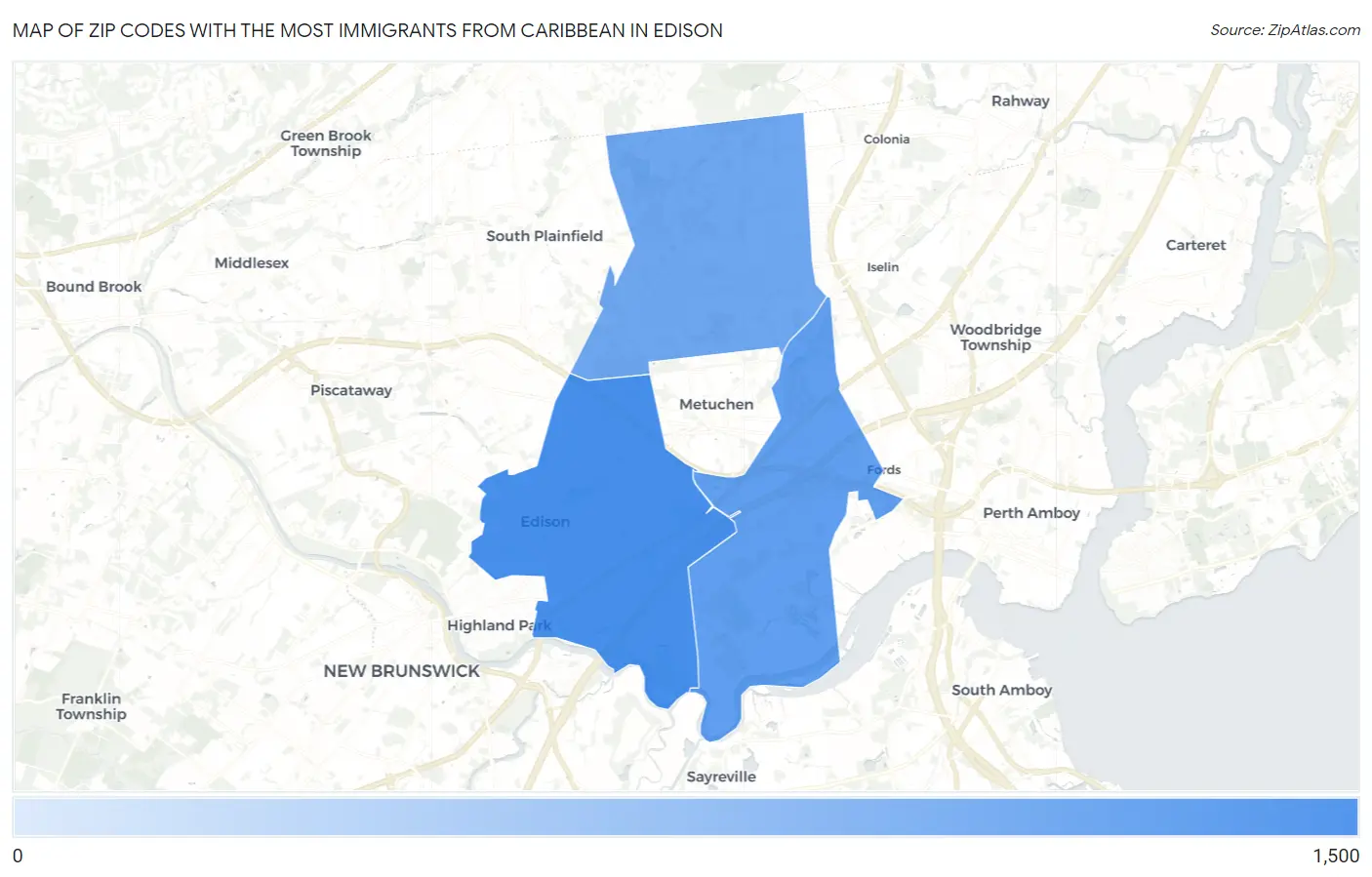 Zip Codes with the Most Immigrants from Caribbean in Edison Map