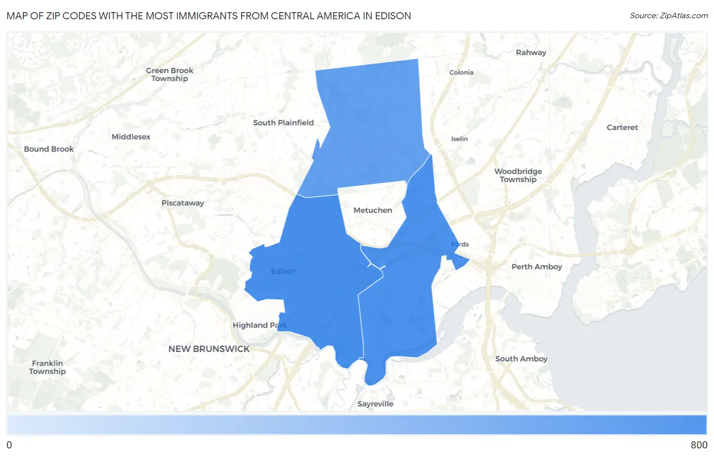 Zip Codes with the Most Immigrants from Central America in Edison Map