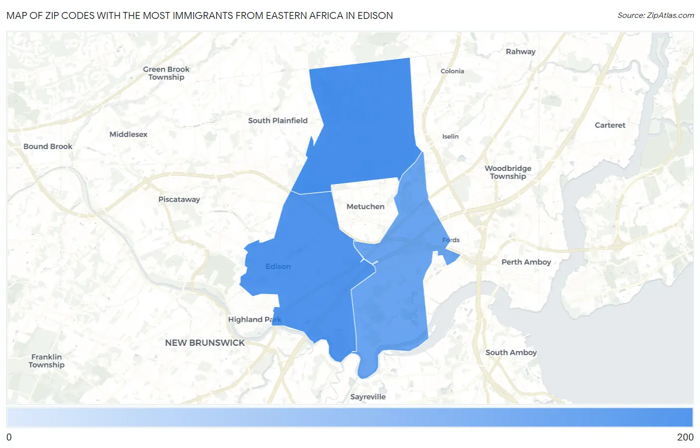 Zip Codes with the Most Immigrants from Eastern Africa in Edison Map