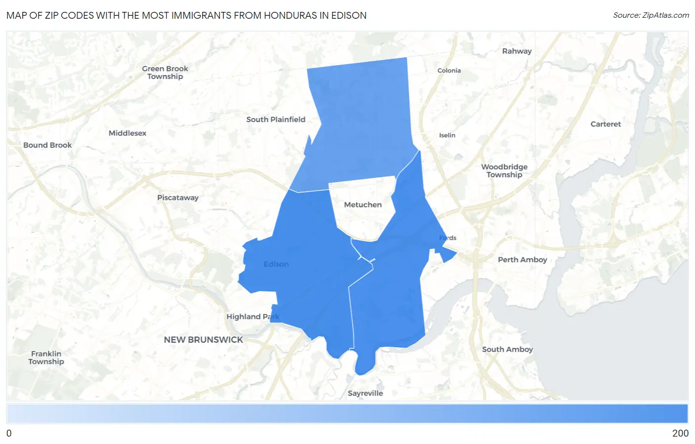 Zip Codes with the Most Immigrants from Honduras in Edison Map