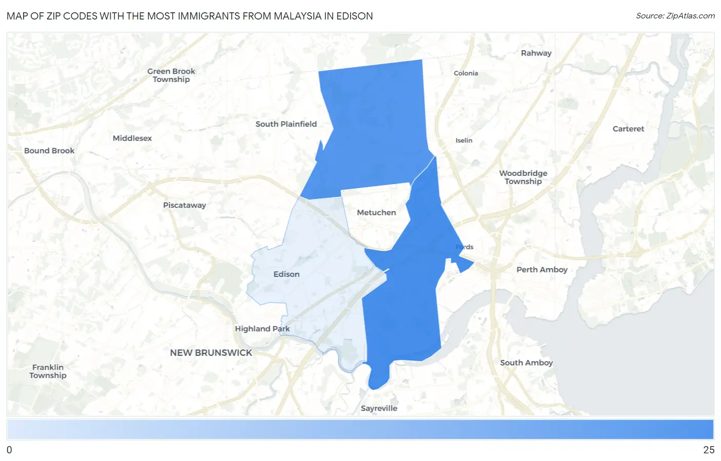 Zip Codes with the Most Immigrants from Malaysia in Edison Map