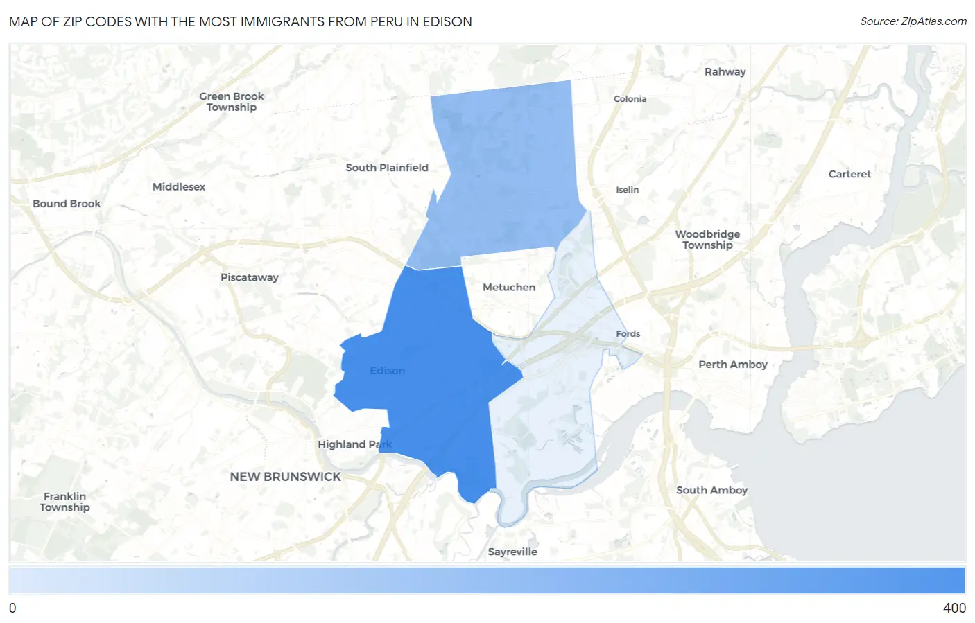Zip Codes with the Most Immigrants from Peru in Edison Map