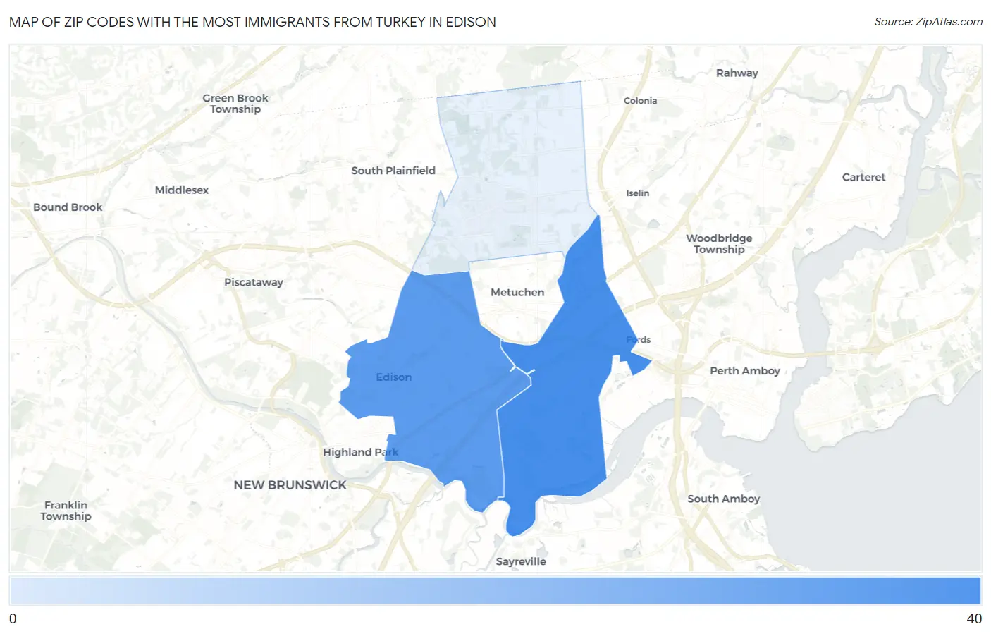 Zip Codes with the Most Immigrants from Turkey in Edison Map