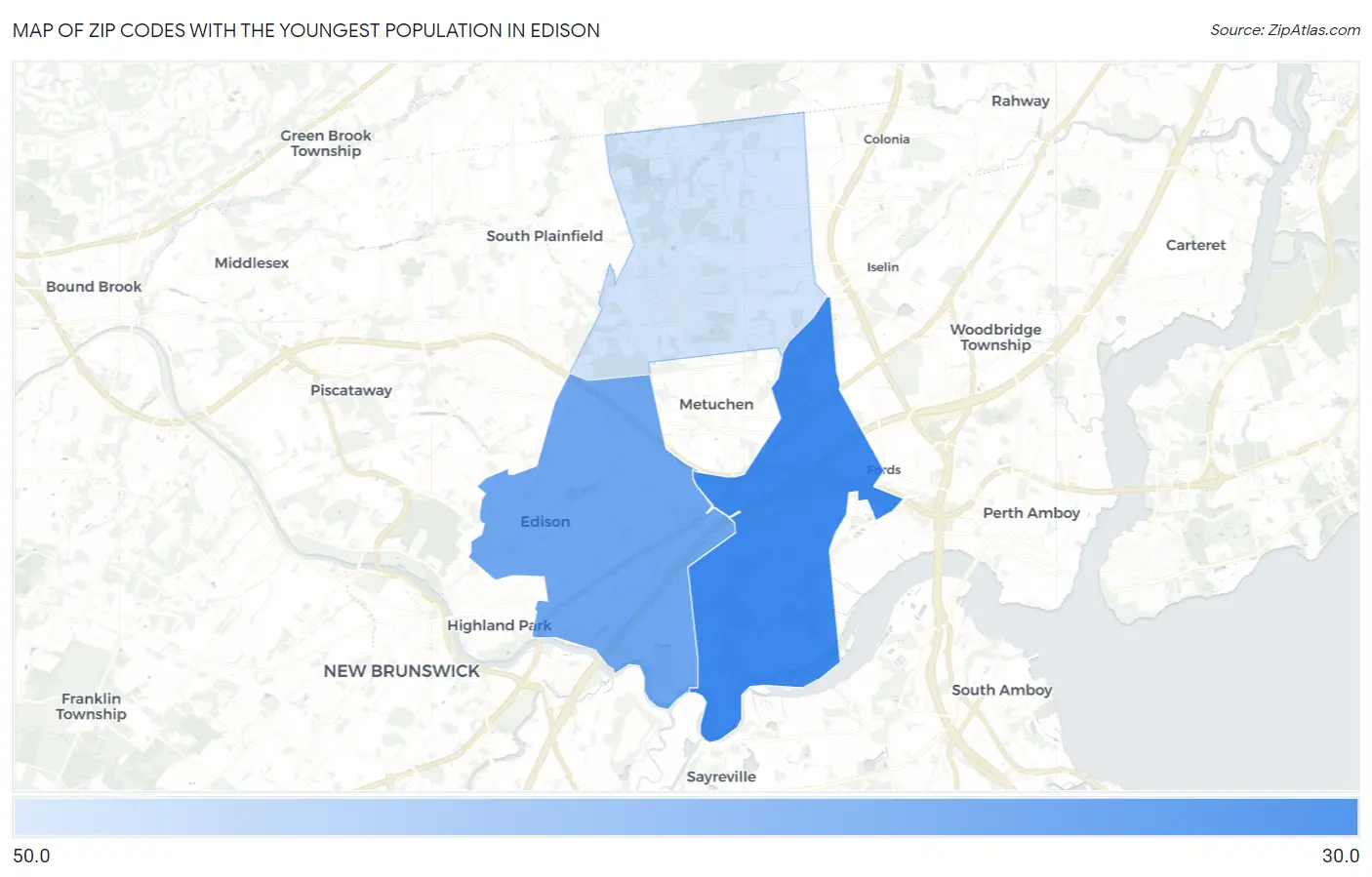Zip Codes with the Youngest Population in Edison Map