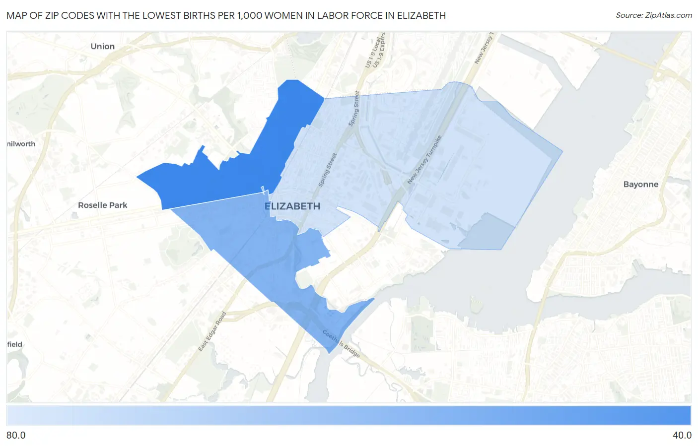 Zip Codes with the Lowest Births per 1,000 Women in Labor Force in Elizabeth Map