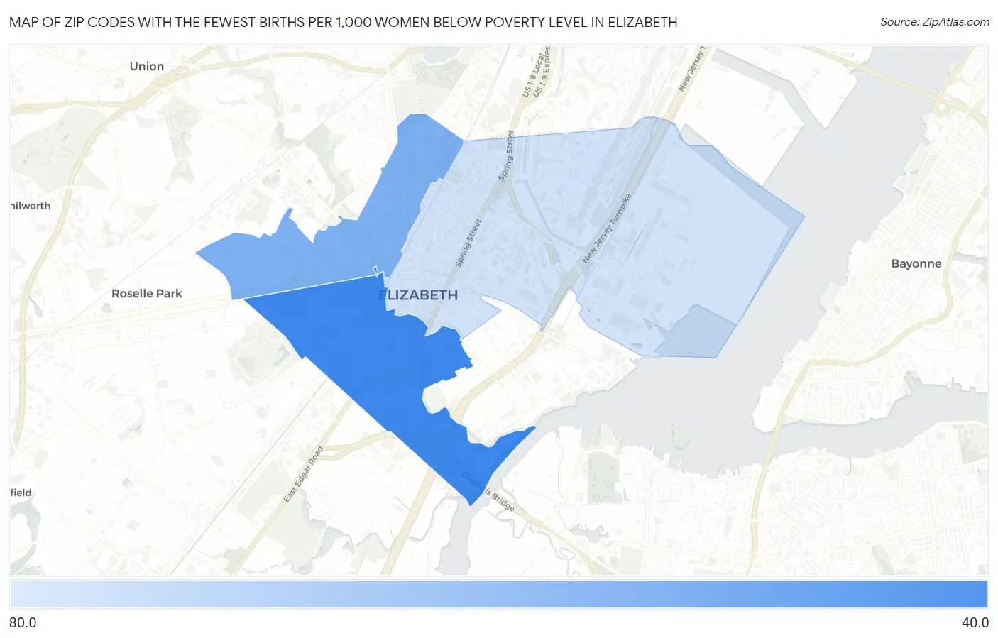 Zip Codes with the Fewest Births per 1,000 Women Below Poverty Level in Elizabeth Map