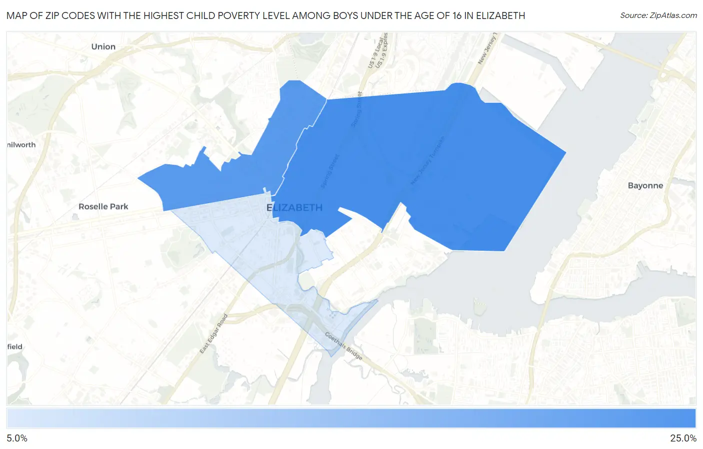 Zip Codes with the Highest Child Poverty Level Among Boys Under the Age of 16 in Elizabeth Map