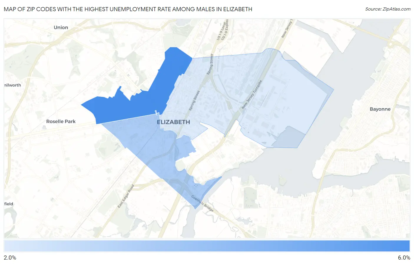 Zip Codes with the Highest Unemployment Rate Among Males in Elizabeth Map