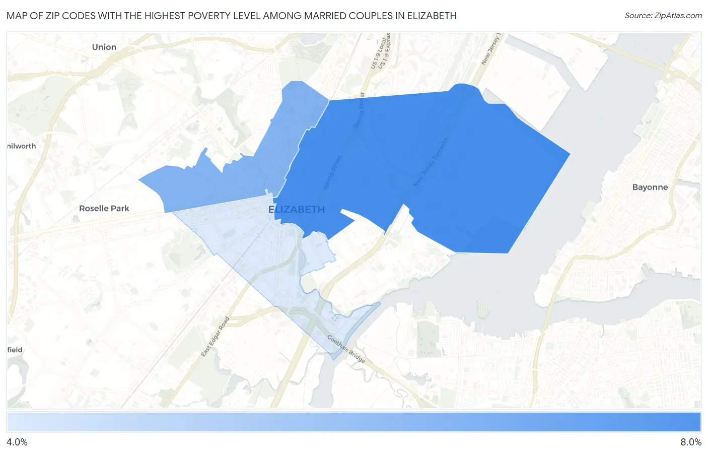 Zip Codes with the Highest Poverty Level Among Married Couples in Elizabeth Map