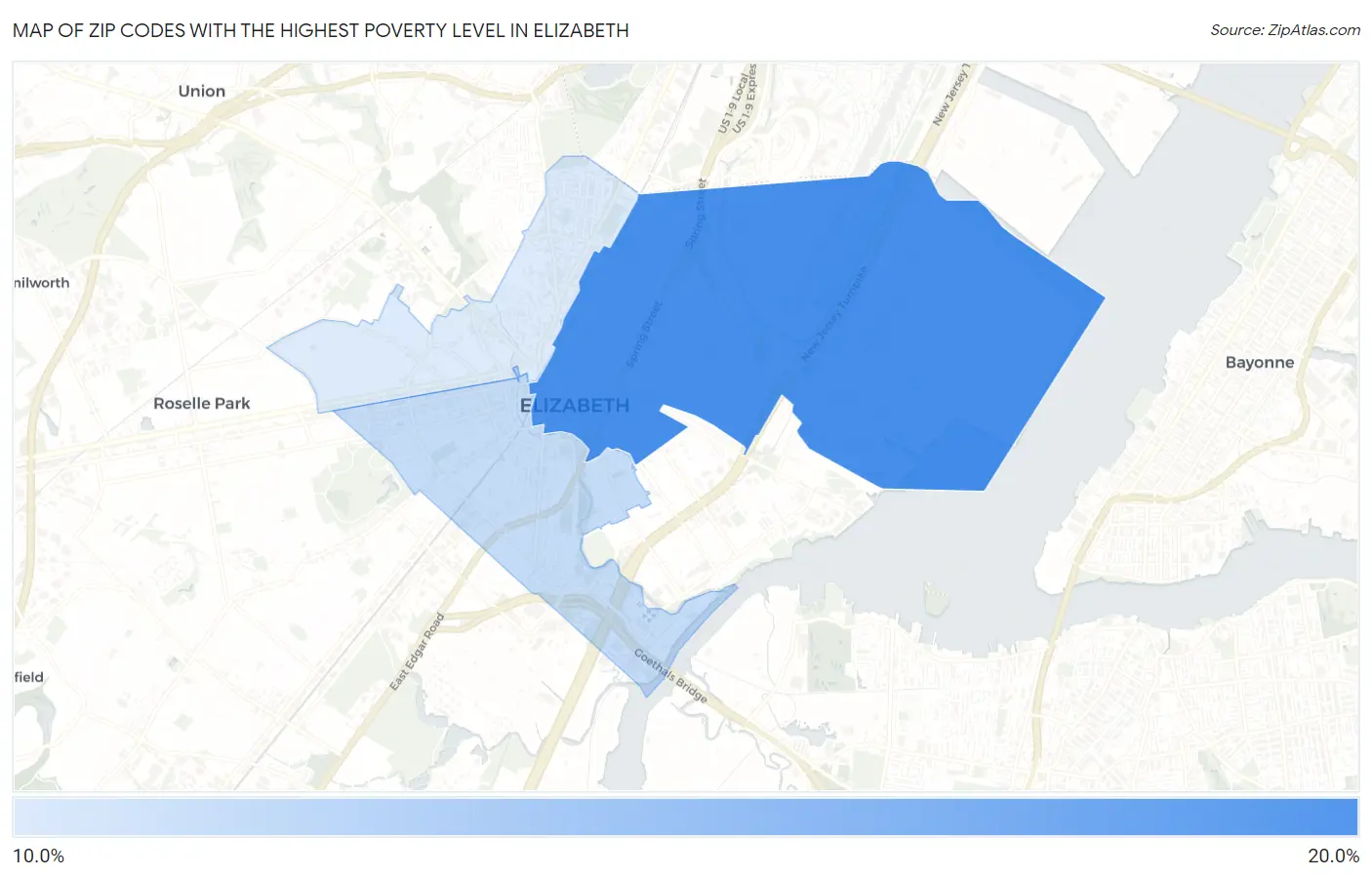 Zip Codes with the Highest Poverty Level in Elizabeth Map